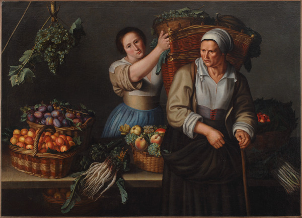 A MARKET STALL WITH A YOUNG WOMAN GIVING A BASKET OF GRAPES TO AN OLDER WOMAN