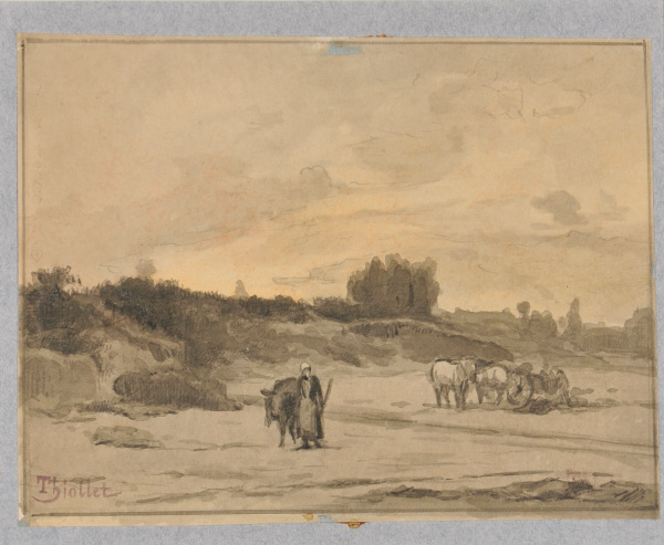 FARM LANDSCAPE WITH MAID AND COW, FARM WAGON BEHIND