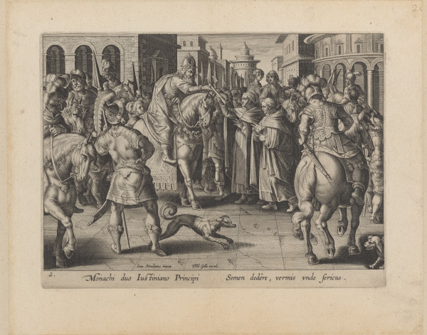 EMPEROR JUSTINIAN RECEIVING THE FIRST IMPORTED SILKWORM EGGS FROM NESTORIAN MONKS