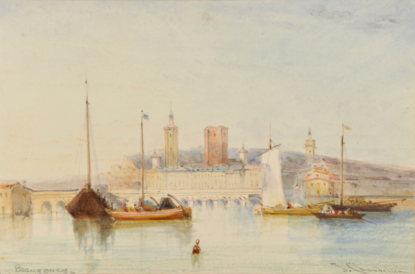 River Scene with Boats and City Beyond