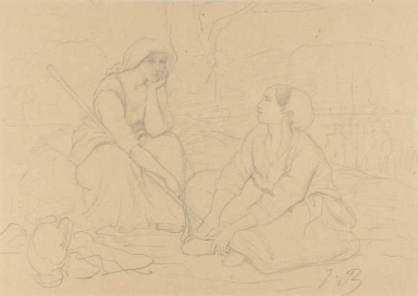 Two Seated Women in Conversation, One with a Staff