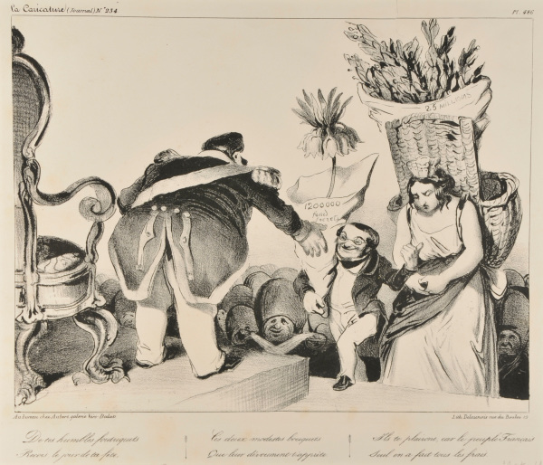 FROM YOUR OBEDIENT SUBJECTS / RECEIVE ON YOUR DAY OF HONOR / THESE TWO MODEST BUNCHES OF FLOWERS. / THEY WILL MAKE YOU REJOICE, / SINCE THE PEOPLE OF FRANCE ALONE / HAS TAKEN OVER THE COSTS.
