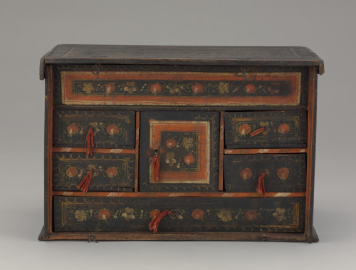 Small Chest with Drop Front (detached) and Six Drawers; Painted with Flower Patt