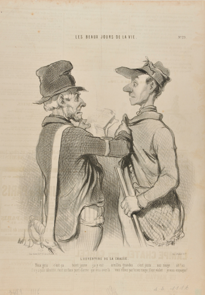 THE OPENING OF THE HUNTING SEASON. EYES GREY.... THAT'S IT...... COMPLEXION YELLOW, RIGHT AGAIN..... EARS LARGE, CORRECT.... NOSE RED, AH! IT DOESN'T FIT YOUR DESCRIPTION, YOU ARE HUNTING WITH A COUNTERFEIT HUNTING DOCUMENT!.... YOU DO NOT HAVE A RED NOSE, IT'S PURPLE! I HEREBY ARREST YOU!