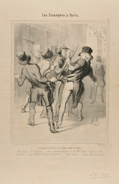 WHAT ONE CALLS THE SEDUCATIONS OF PARIS. TICKETS, SIR?.... THIS EVENING YOU'LL HEAR MADAME DORUS-GRASSE AND MONSIEUR BARIOLHÉ... EXCELLENT SEATS IN THE ORCHESTRA.... JUST TWELVE FRANCS... CHEAPER THAN AT THE THEATRE'S TICKET COUNTER.