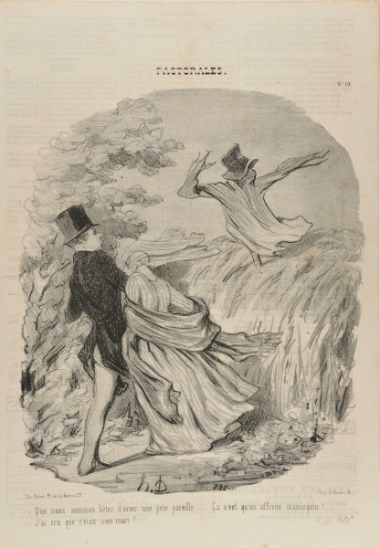 HOW FOOLISH OF US TO BE SO FRIGHTENED, LOOK, IT IS ONLY A HORRID SCARE CROW. - OH, I THOUGHT IT WAS MY HUSBAND!