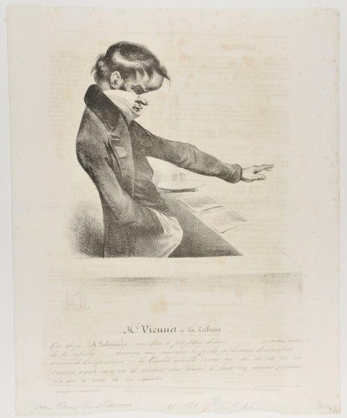 MR. VIENNET AT THE ROSTRUM. WHAT DO I SAY! (MR. LABOISSIÈRE, YOU DO SAY THE NICEST THINGS!)…. LET US BE GREEDY... LET US GIVE THE MINISTERS THE FUNDS THAT THEY REQUIRE AND LET'S VOTE FOR REPRESSIVE LAWS. THE PRESENT LEGALITY IS KILLING US ETC. ETC. THE SPEAKER HAS CARRIED ON IN THIS TONE FOR THREE HOURS AND 35 MINUTES AND NO ONE HAS BOTHERED ANSWERING HIM.