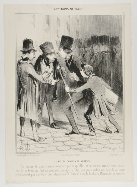 SECURITY CHAIN DEALER. THE COUPLING CHAIN IS NAMED AFTER THE WAY ITS USED BY AN UNSUSPECTING VICTIM, WHO WEARS IT, THUS SIGNALING THAT HE IS IN THE POSSESSION OF A WATCH. THE CRONIES STATIONED IN THE NEIGHBORHOOD ARE NOT DALLYING TO PUT THE INFORMATION TO PROFIT. THIS WAY BERTRAND HAS SOLD THE CHAIN AND MACAIRE GETS THE WATCH.