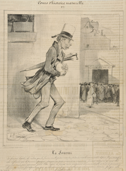 THE ANT. THE TWO-LEGGED ANT, JUST LIKE THE MULTI-LEGGED ONE IS NOT GENEROUS, BUT THAT IS THE LEAST ONE CAN REPROACH HIM. THERE IS ONE DIFFERENCE THOUGH: THE FORMER IS SAVING IN EVERY SEASON AND NEVER CONSUMES, EVEN AT THE AGE OF 90 HE STILL ECONOMISES FOR HIS OLD DAYS. THIS TYPE OF ANT LEADS ALWAYS A MISERABLE LIFE. WHEN HE DIES, HE IS DEPRIVED OF EVERYTHING DESPITE OF THE PROVISIONS, BECAUSE HIS LAST SAVINGS ARE SPENT FOR HIS FUNERAL.