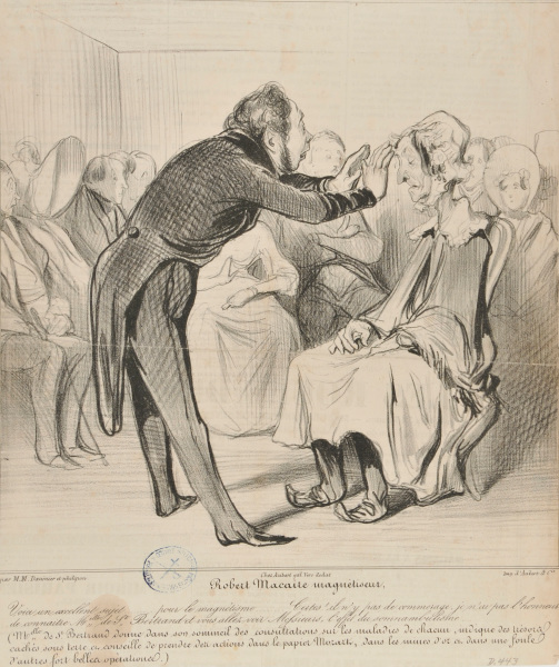 ROBERT MACAIRE, HYPNOTIST. THIS IS A PERFECT SUBJECT FOR HYPNOSIS... THERE IS ABSOLUTELY NO CONNECTION BETWEEN US... I DO NOT KNOW MADEMOISELLE DE ST. BERTRAND, AND YOU GENTLEMEN, ARE GOING TO BE ABLE TO EXPERIENCE THE EFFECT OF SOMNAMBULISM.... (IN HER SLEEP, MLLE DE ST. BERTRAND GIVES DIAGNOSES ON EVERYBODY’S AILMENTS, OMDOCATES HIDDEN UNDERGROUND TREASURES, GIVES INVESTMENT ADVICE CONC. THE MOZART PAPER CO. STOCKS, IN GOLD MINES AND IN OTHER F