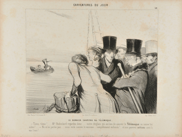 LAST CHAPTER OF THE TELEMAQUE. - WELL, WELL.... MR. BADOULARD, LOOK AT THIS..... OUR ENGLISHMAN, INSTEAD OF SALVAGING THE TELEMAQUE, SAVES HIMSELF. - DON'T MENTION IT.... WE ARE LIKE THIS SHIP.... COMPLETELY GROUNDED... AND OUR SHARES HAVE GONE DOWN WITH IT!