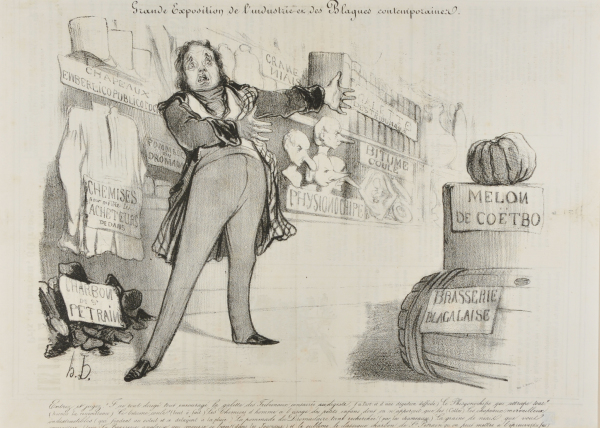 GREAT EXHIBITION... OF INDUSTRY AND CONTEMPORARY JOKES. ENTER AND JUDGE FOR YOURSELF! EVERYTHING IS ARRANGED AND READY: THE PANCAKE OF THE COURTS GOOD FOR DIGESTION (TO THE SIDE: AND DIFFICULT TO DIGEST). THE MASTER-THIEF WHO CATCHES ALL!! (SAVE FOR HIS SHADOW). LIQUID BITUMEN! (EXACTLY). MEN'S SHIRTS FOR THE USE OF LITTLE CHILDREN. THE MARVELLOUS INDESTRUCTIBLE HATS (THAT MELT IN THE SUN AND DISSOLVE IN THE RAIN). DROMEDAR CREAM IN GREAT DEMAND