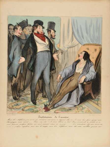 EXPLOITING FRIENDSHIP. MY DEAR ALPHONSE, I'VE INVITED THESE GENTLEMEN, MY FRIENDS, TO DINE AT YOUR HOME. I WOULD LIKE THEM TO TASTE OUR CHAMPAGNE, WE'LL LAUGH... WAIT A MINUTE! I'VE AN IDEA. WHAT IF WE WENT TO THE WOOD? WE COULD TAKE YOUR BAROUCHE AND YOU COULD LEND US SOME CLOTHES AS WE ONLY CAME TO PAY A SIMPLE VISITE... IN THE MEANTIME, WHY DON'T YOU GIVE US SOME CARDS AND SOME NAPOLEONS TO PASS THE TIME. EH? MY GOOD ALPHONSE, DEAR CHAP. HOW A