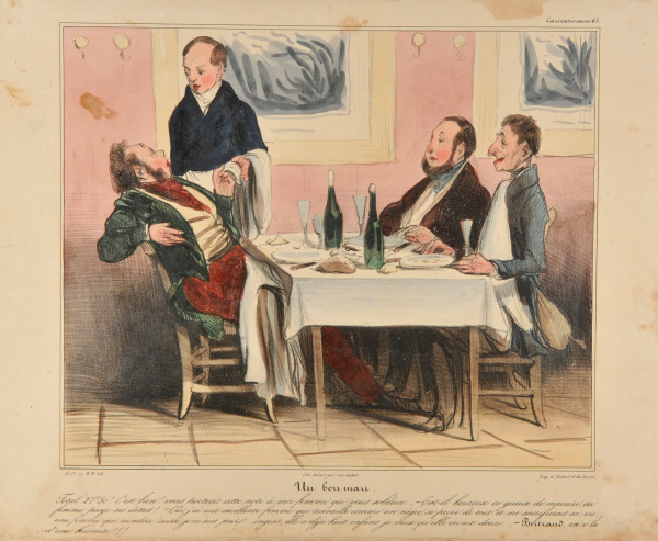 A GOOD HUSBAND. - A TOTAL OF 27 FR. 50 CTS. - VERY GOOD. TAKE THE BILL TO MY WIFE WHO'LL PAY YOU... - (THIS RIGHT BEGGAR MACAIRE ISN'T HALF CONTENT TO HAVE A WIFE TO PAY HIS DEBTS!)... - YES, I'VE AN EXCELLENT WIFE WHO WORKS LIKE A SLAVE, DEPRIVES HERSELF OF EVERYTHING, WHO SACRIFICES HER LIFE FOR ME... A WIFE WHO ADORES ME. BUT I'M NOT UNGRATEFUL. SHE ALREADY HAS EIGHT CHILDREN AND I'D LIKE HER TO HAVE TWELVE... - (BERTRAND) THERE'S A HAPPY WOMA