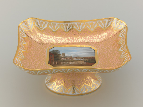 Centerpiece: View of Worcester, Showing Cathedral and Factory, in Front of Weir