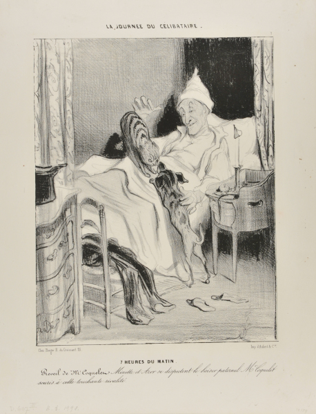 SEVEN O'CLOCK IN THE MORNING. MONSIEUR COQUELET WAKES UP. MINETTE AND AZOR FIGHT FOR THE PATERNAL KISS. MONSIEUR COQUELET ENJOYS THIS TOUCHING SCENE OF RIVALRY.
