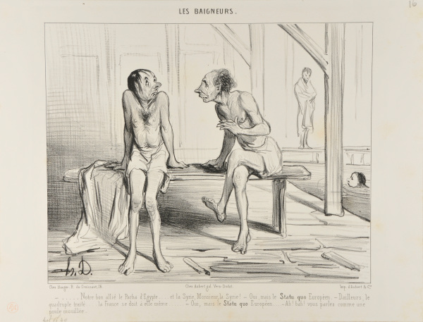 OUR GOOD ALLY THE KING OF EGYPT... / - AND SYRIA, MONSIEUR, WHAT ABOUT SYRIA! / - YES, BUT THE EUROPEAN STATUS QUO… - AND DON’T FORGET THE FOUR COUNTRIES TREATY…. / - FRANCE OWES IT TO HERSELF… / - YES, BUT THE EUROPEAN STATUS QUO… / - OH, COME ON, YOU TALK LIKE A SOFTIE.