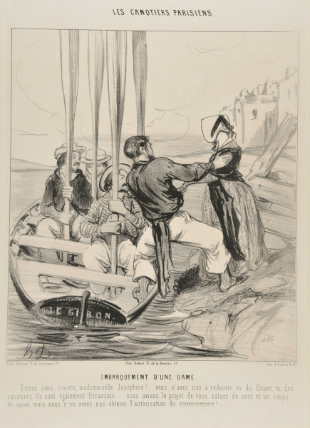 EMBARCATION OF A LADY. GET IN WITHOUT FEAR MISS JOSEPHINE....YOU DON'T HAVE TO BE AFRAID FROM NEITHER THE CURRENT NOR THE BOATMEN... THEY ARE ALL FRRRRRENCH.... WE ACTUALLY WANTED TO SALUTE YOU WITH 101 CANON SHOTS, BUT WE DIDN'T GET THE AUTHORIZATION FROM THE GOVERNMENT!...