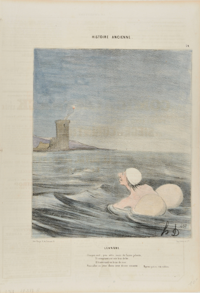 LEANDER. / EACH NIGHT, LITTLE DRESSED BUT IN NOBLE FASHION, / HE WAS COUNTING ON HIS ARMS OF IRON / AND SWAM WITH MIGHT ACROSS THE SEAS / TO HAVE HER LOVE FULFILL HIS PLEAS. / (BYRON, RATHER MIXED POEMS)