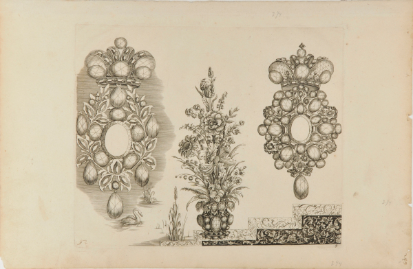 TWO DESIGNS FOR JEWELLED PENDANTS AND A DESIGN FOR A VASE OF FLOWERS