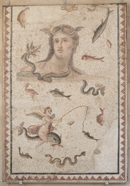 Fragment of floor mosaic depicting Tethys in a marine background