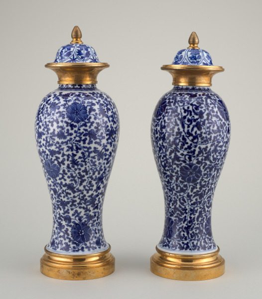 Covered Vase Decorated with Overall Flower and Vine Scroll Motif and Mount