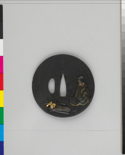 SWORD GUARD DECORATED WITH SEATED WOMAN AND CUT IRISES