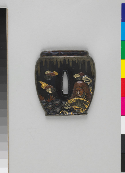 Guard (tsuba) in the Form of a Wine Jar Decorated with a Shoji Beside Waves