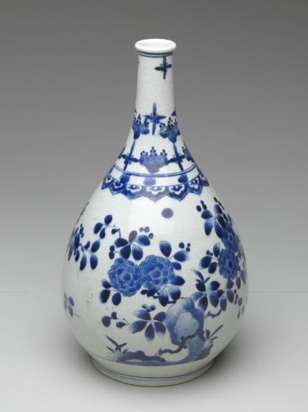 Large Sake Bottle with Design of Flowering Camillia Bush
