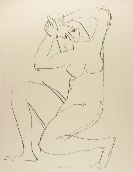 NUDE KNEELING ON ONE KNEE WITH RAISED ARMS