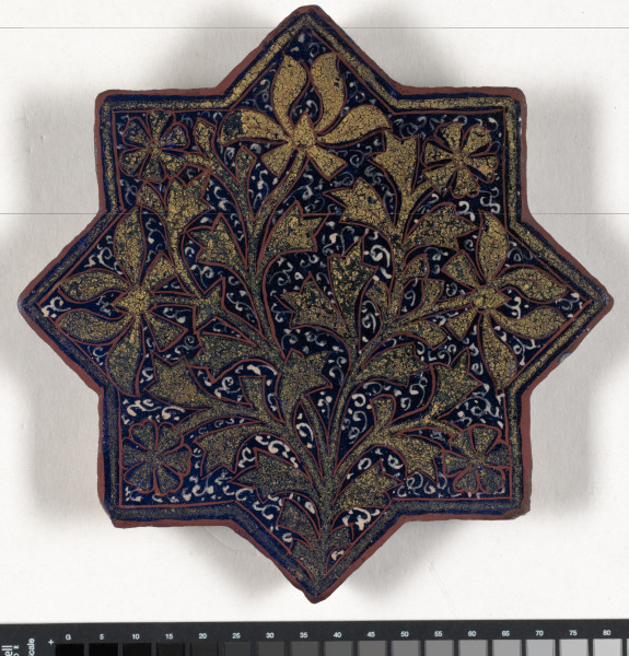 Lajvardina Ware Eight-pointed Star Design Tile with Overall Floral Design
