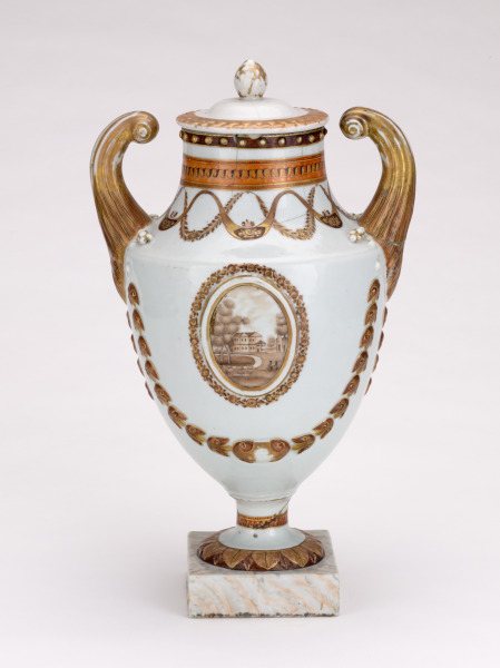 Pistol-Handled Covered Urn with Landscape Medallion