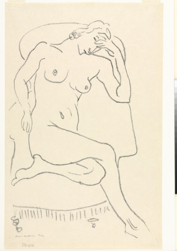 NUDE SEATED IN AN ARMCHAIR, ONE LEG TUCKED UNDER
