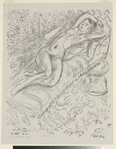 SLEEPING NUDE ON A CHAISE LONGUE WITH DECORATIVE BACKGROUND