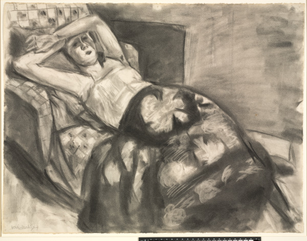 RECLINING MODEL WITH A FLOWERED ROBE