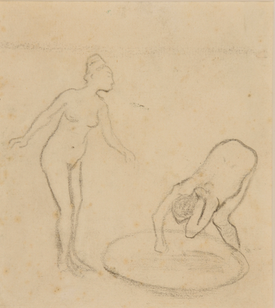 TWO NUDES, ONE CROUCHING OVER BATHTUB