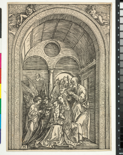 THE HOLY FAMILY WITH TWO ANGELS IN THE VAULTED HALL