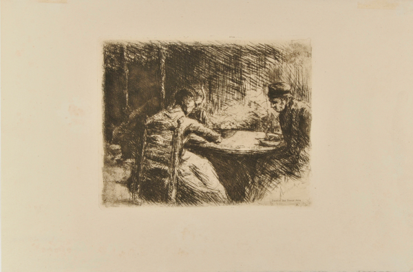 INTERIOR (THREE FIGURES SEATED AT A TABLE)