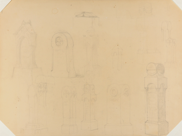 RECTO: VARIOUS SKETCHES OF TOMBSTONES OR MONUMENTS; VERSO: STANDING MAN IN FROCK COAT WITH WALKING STICK. FROM SKETCHBOOK 'FINISHED SKETCHES'