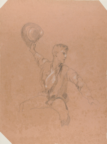 SEATED FIGURE, RAISED HAT IN RIGHT HAND