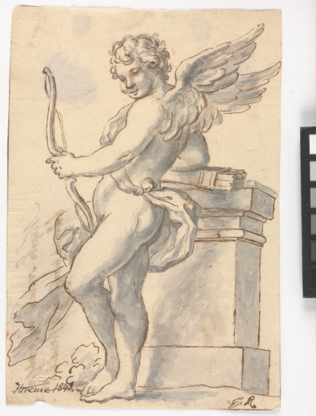 CUPID WITH BOW AND ARROWS BY A PEDESTAL