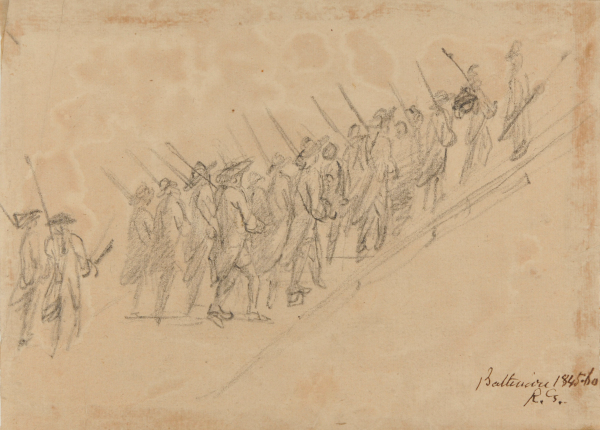A COMPANY OF SOLDIERS MARCHING ABOARD SHIP