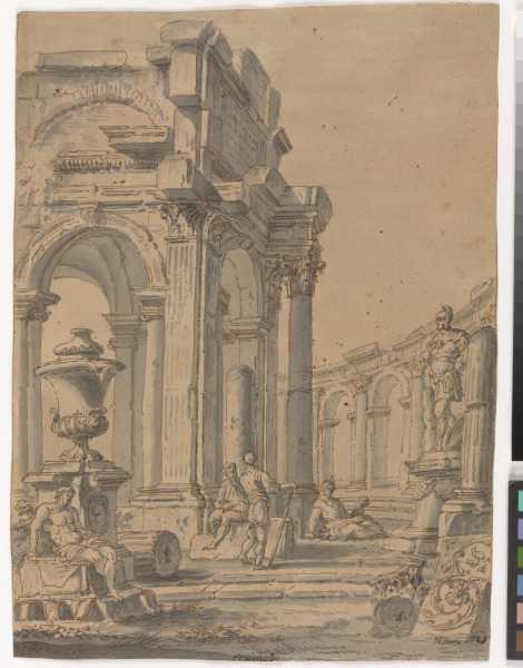 CLASSICAL RUINS WITH TWO STATUES AND THREE FIGURES