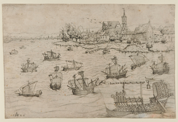 JONAH AND THE WHALE ON A LAKE WITH SAILING VESSELS