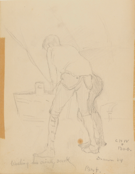 SKETCH FROM A CAMPING TRIP ON THE LOWER SUSQUEHANNA IN 1887 (SKETCH OF TWO MEN WASHING CLOTHES IN WOODEN TUB. INSCRIBED: 'CHW & BOB DRAWN BY BERT/WASHING HIS..?..'