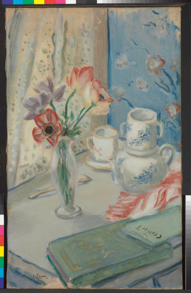 STILL LIFE WITH ANEMONES AND ART BOOKS