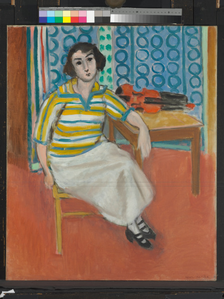 WOMAN IN STRIPED PULLOVER, VIOLIN ON THE TABLE