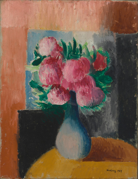 VASE OF PEONIES WITH ABSTRACT BACKGROUND