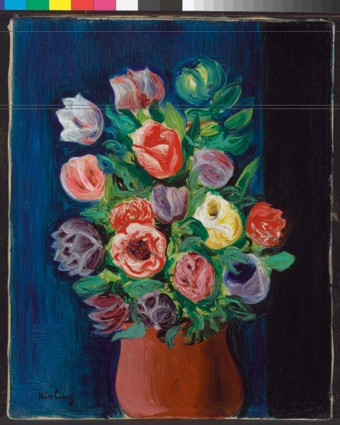 BOUQUET OF TULIPS WITH A DEEP BLUE BACKGROUND