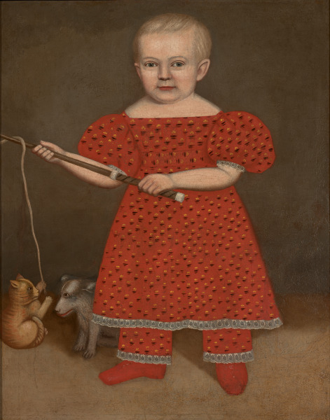 Child in Red Dress with Dog and Cat